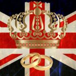 Bandiera del Regno Unito con una corona e le fedi nuziali